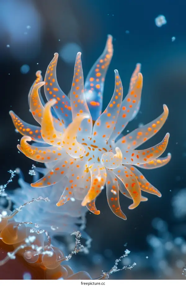 Underwater photography of a translucent orange-dotted white nudibranch