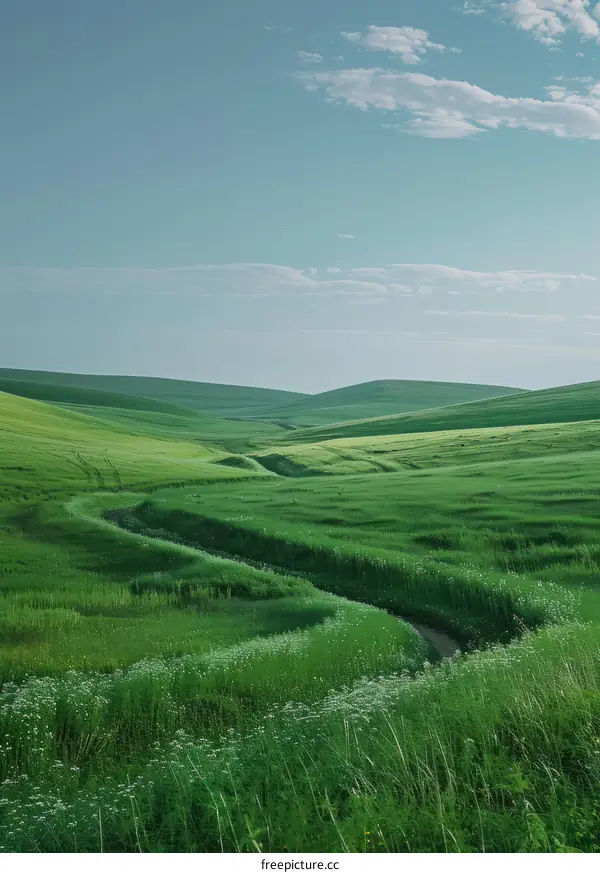 Rolling Green Hills with Blue Sky and White Clouds