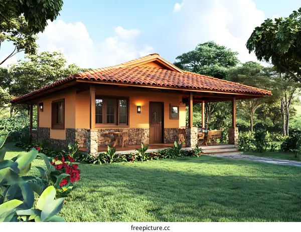 Small House With Orange Walls And Brown Roof In A Green Garden