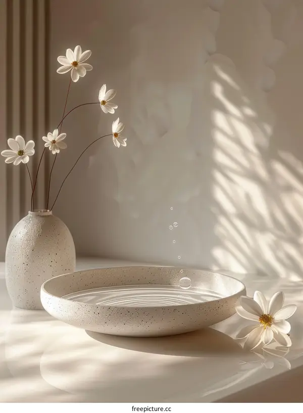 Elegant ceramic vase and bowl with water and flowers