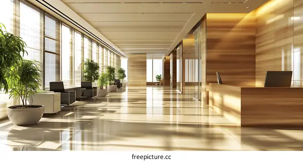 Modern Office Lobby Interior Design with Wooden Walls and Sunlight