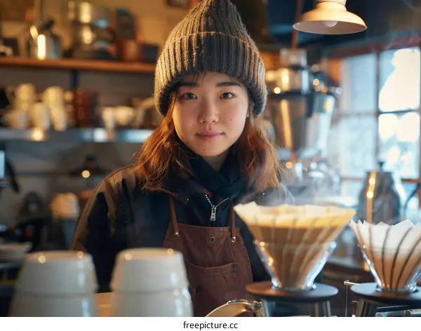 Portrait of a young Asian woman barista making coffee in a cafe