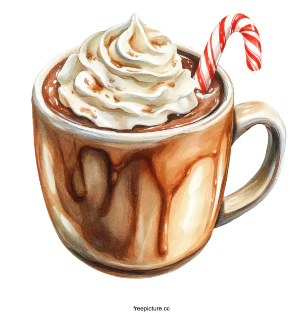 [Transparent Background PNG]Watercolor Illustration of Hot Chocolate with Whipped Cream and Candy Cane