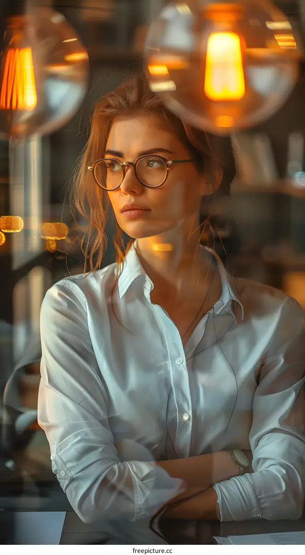 portrait of a beautiful young woman with glasses looking away