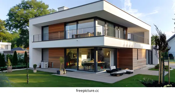 Modern Two Story House with Large Windows and a Patio