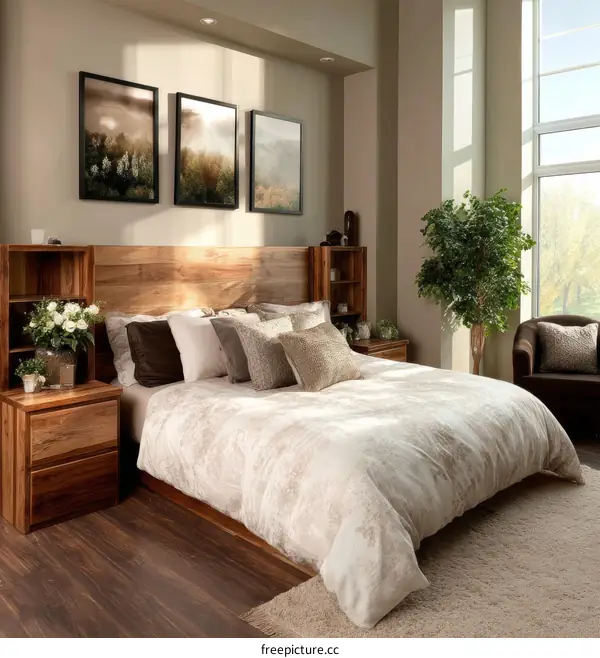 Modern Bedroom with Wooden Headboard and Artwork