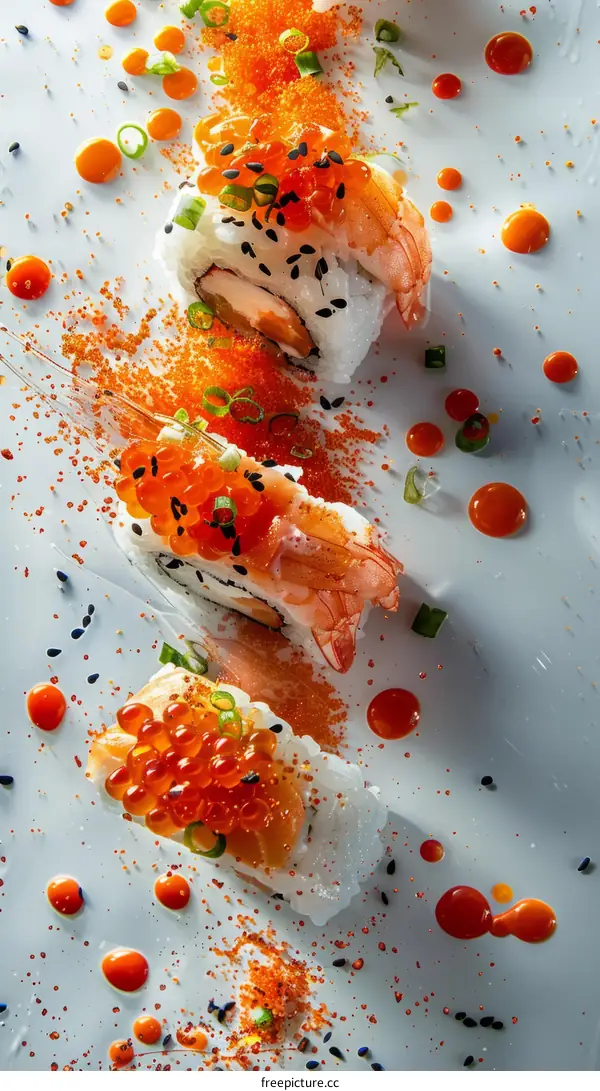 A variety of sushi with orange roe and black sesame seeds on a white plate