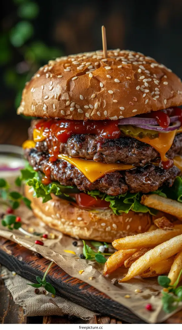 A delicious double cheeseburger with fries