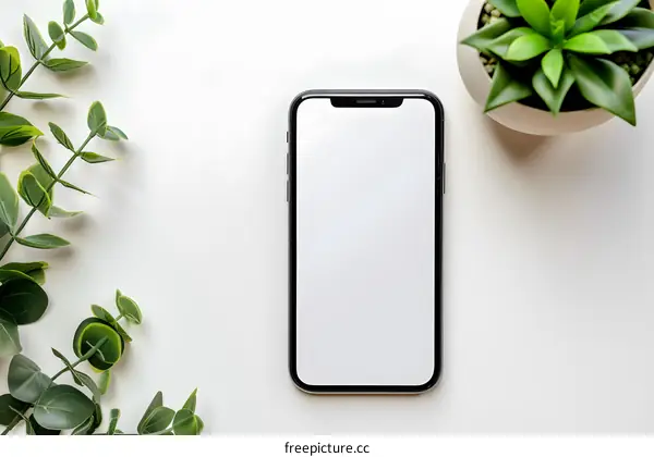 White Background with Smartphone and Green Plants
