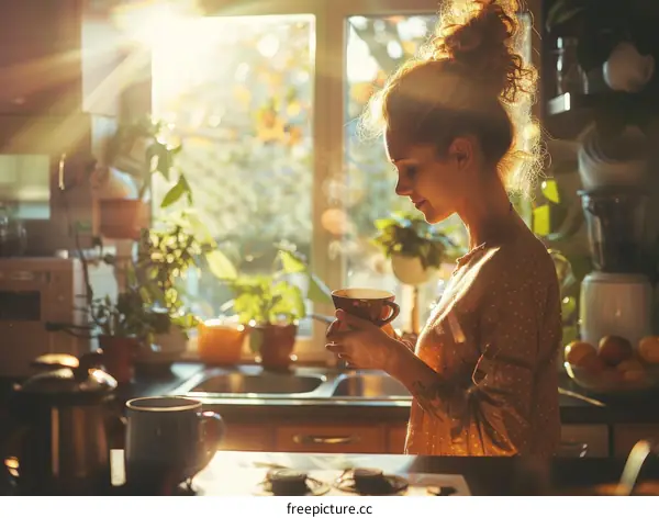 Young woman enjoying a cup of tea in the morning sunlight