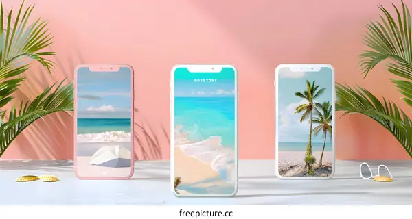 Three Smartphones with Tropical Beach Images