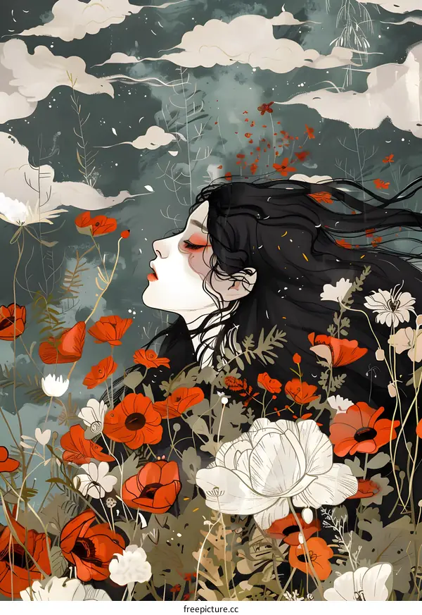 Woman with Black Hair in a Field of Red Poppies