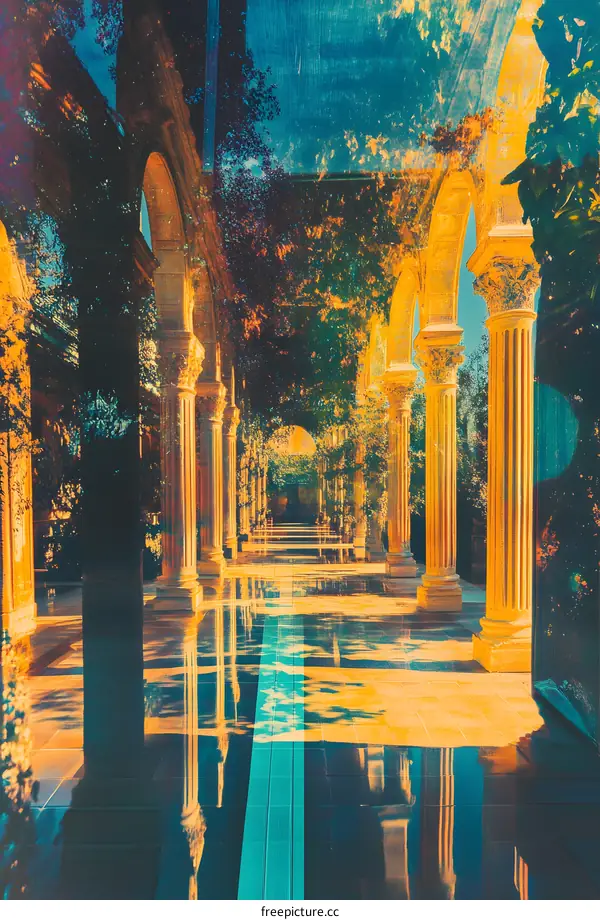 Reflective Arched Columns With Green Trees