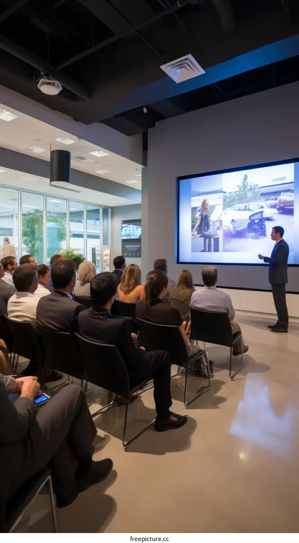 A group of people are sitting in a room watching a presentation on a large screen