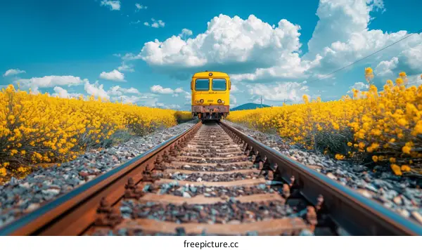 Yellow train passing through a field of yellow flowers