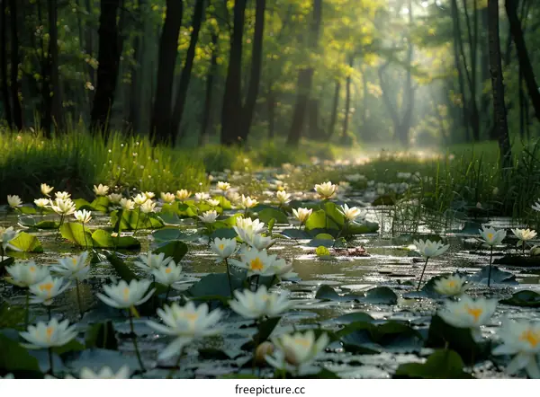 White Water Lilies Blooming in Sunlight on Forest Pond