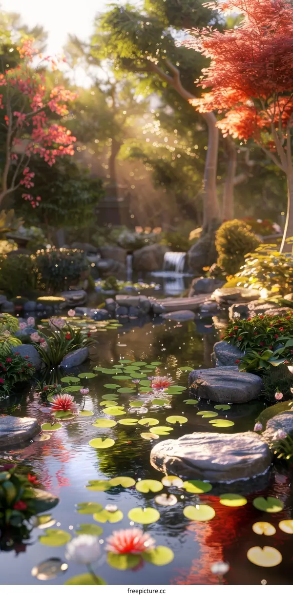 Peaceful Japanese Garden Scene Illustration