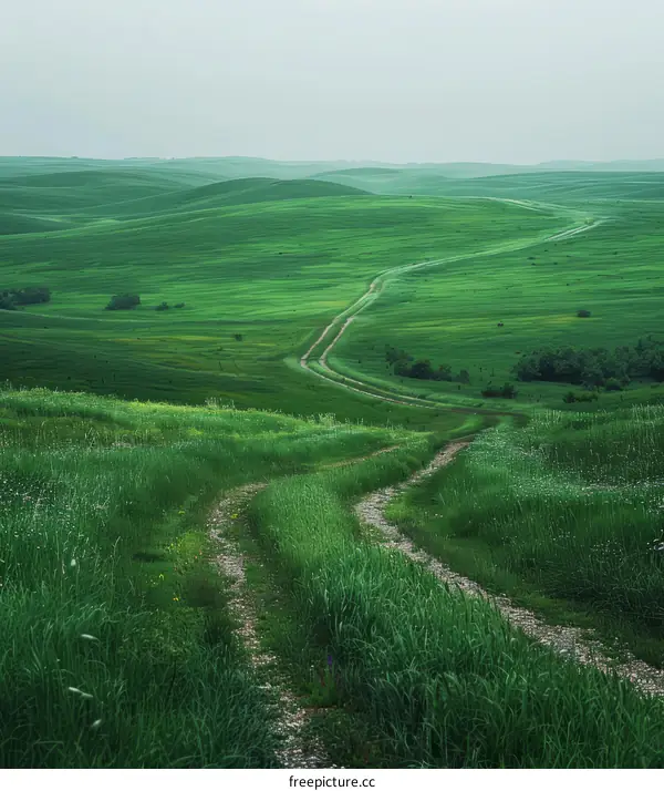 Winding Dirt Road Through Lush Green Hills