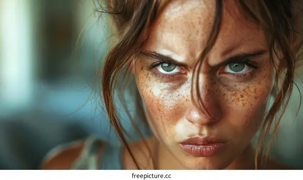 Close-up Portrait of a Woman with Freckles and Intense Expression