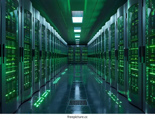 Futuristic Green Data Center With Glowing Lights