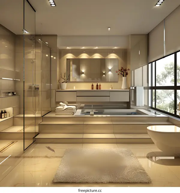 Modern bathroom interior with bathtub, shower and large windows