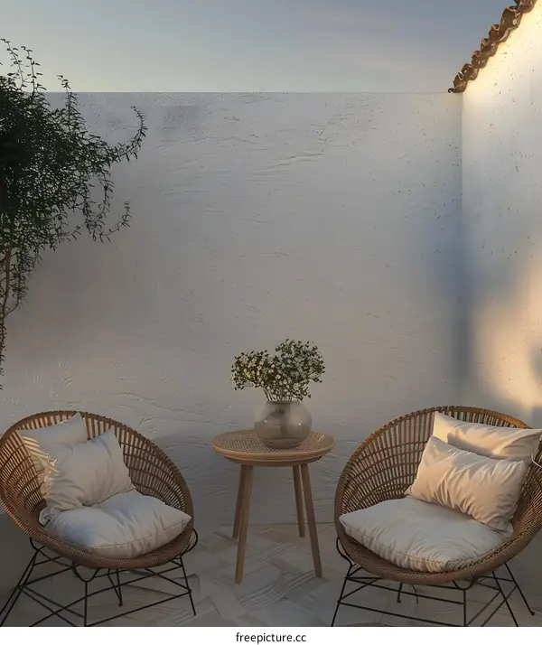 Minimalist Patio with Wicker Chairs and White Wall