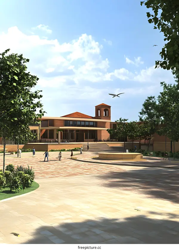 Modern Brick Building with People and Greenery in the Foreground