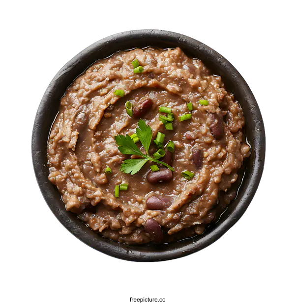 [Transparent Background PNG]A bowl of refried beans with parsley and chives.