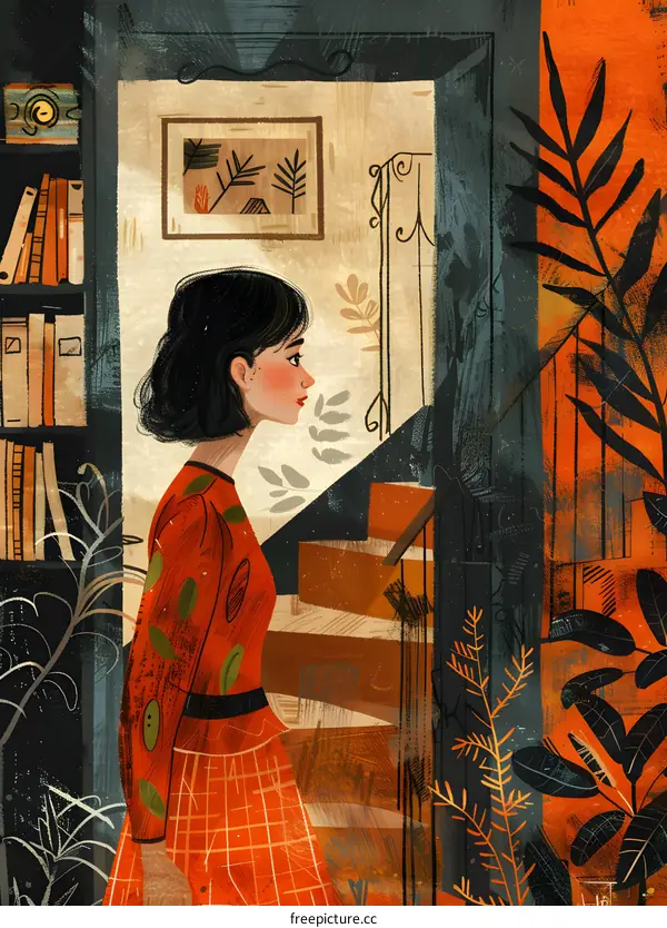 Woman in Red Dress Standing by a Staircase