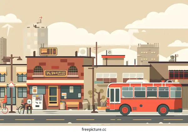 Vintage City Street Scene With Red Bus