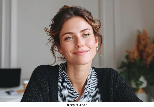 A woman with wavy hair wearing a black cardigan smiles softly