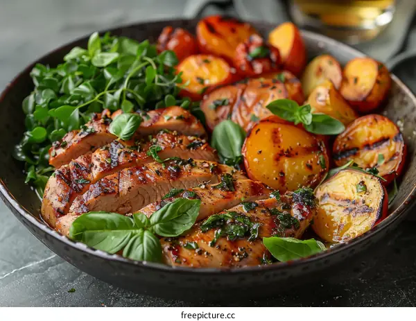 Grilled chicken breast with peaches and herbs