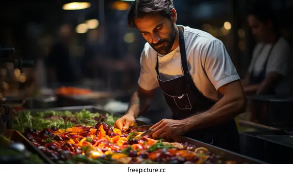 Focused male chef carefully preparing ingredients in commercial kitchen