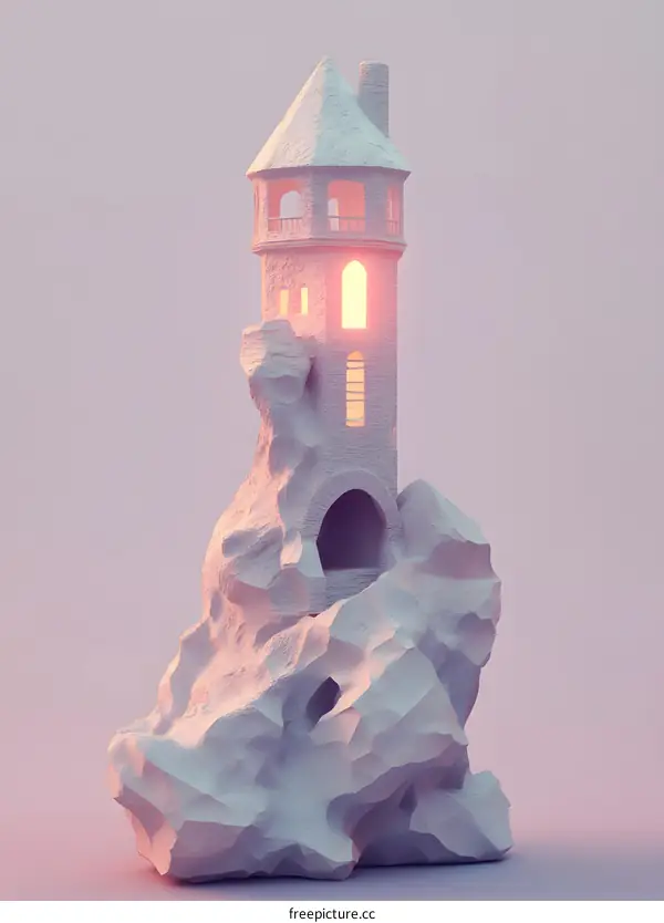 Minimalist 3D Render of a White Stone Tower with a Window Glowing