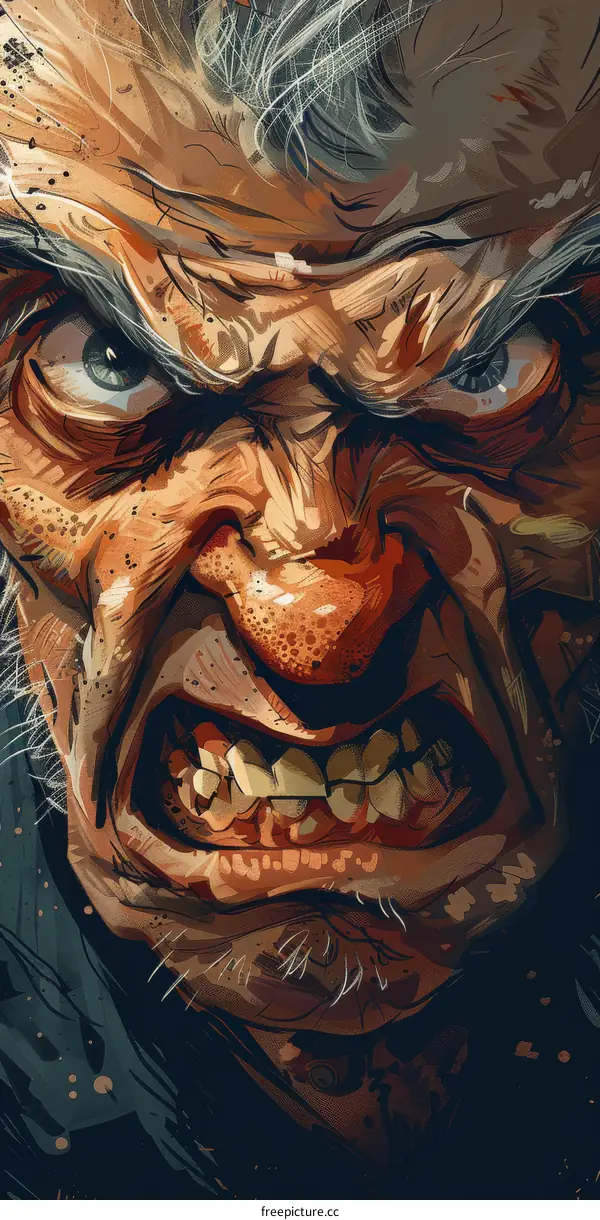 Angry Man with White Hair and Wrinkles
