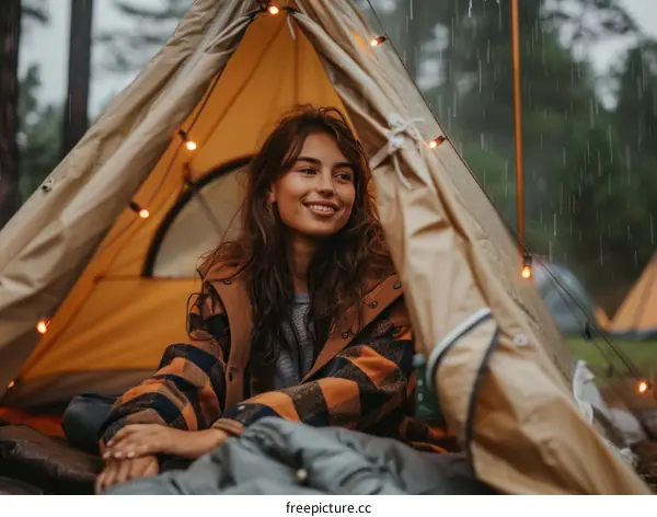 Young woman smiling in a tent