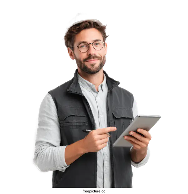 [Transparent Background PNG]Caucasian Male Engineer Holding Digital Tablet
