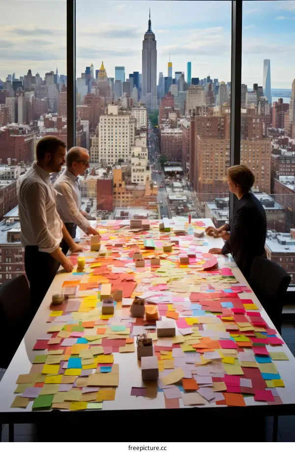 Three business professionals brainstorming ideas in a modern office with a city view