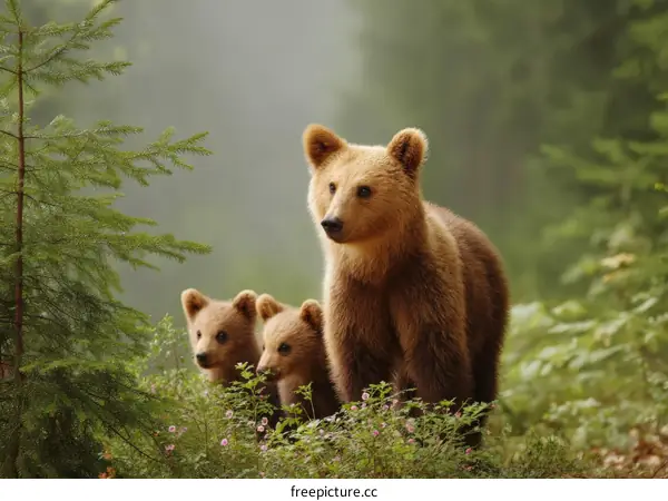 Three Bear Cubs in a Forest Setting