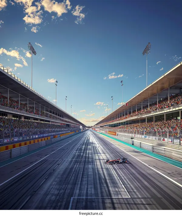 Formula One car racing down a track with grandstands full of spectators