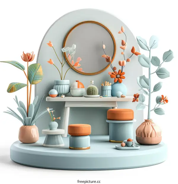 A 3D rendering of a vanity with a mirror, plants, and stools