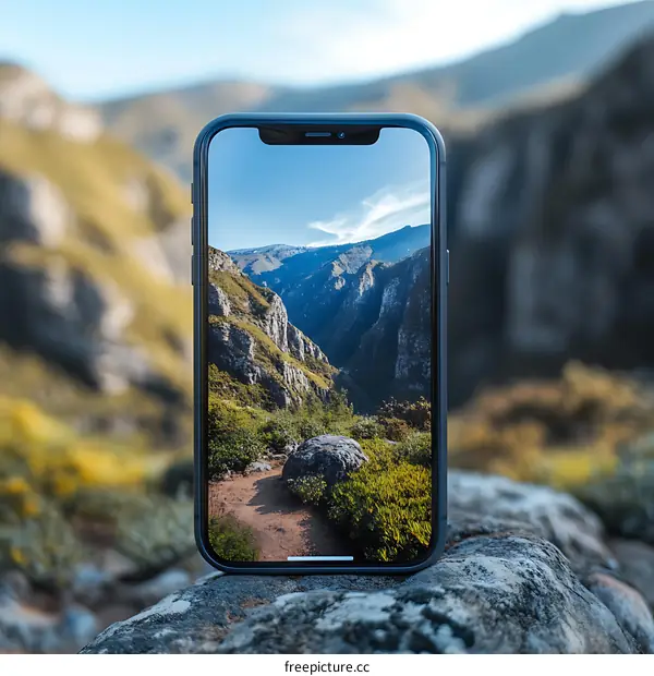 Smartphone Displaying a Scenic Mountain View