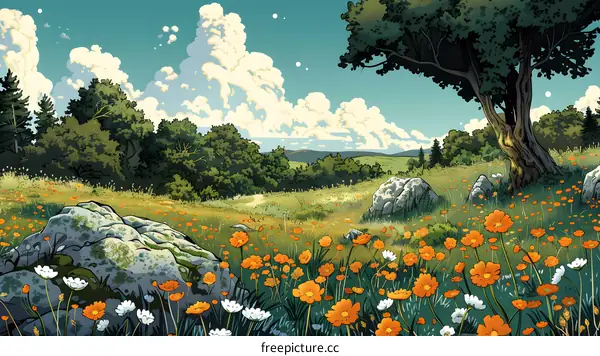 A field of flowers with a large tree and rocks in the background