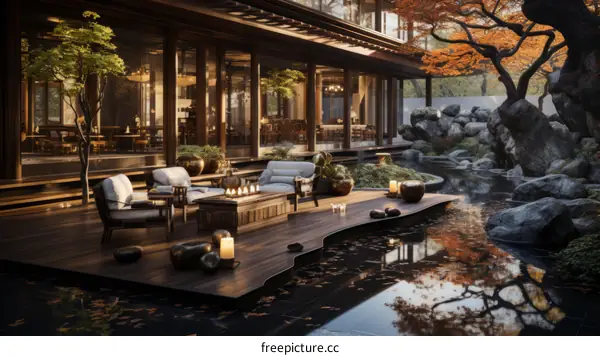 A wooden house with a terrace and a pond in the garden