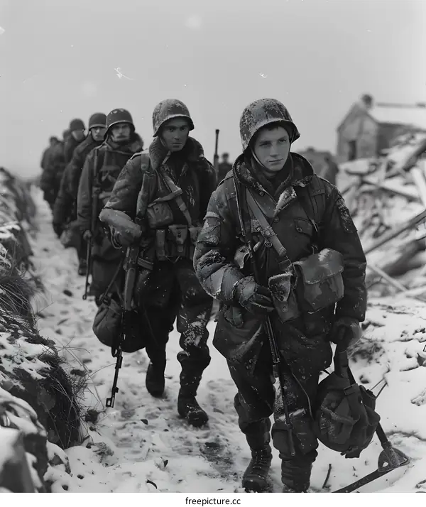 A group of soldiers walking through the snow during World War II