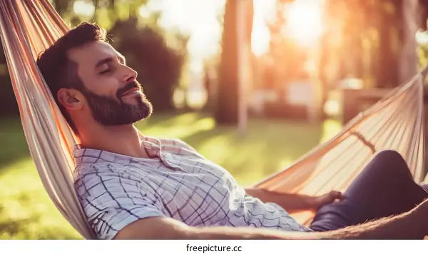 Man Relaxing in Hammock in Garden