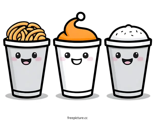 Cute Cartoon Illustration Of Three Cups Of Noodles, Pudding And Rice