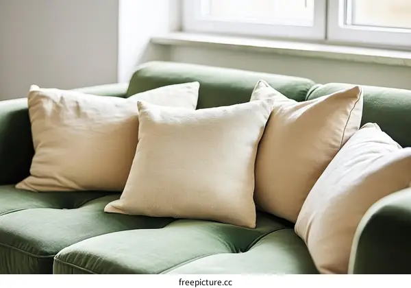 Elegant Green Sofa with Beige Pillows