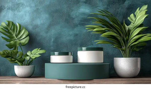 Modern Botanical Product Display with Teal Podest