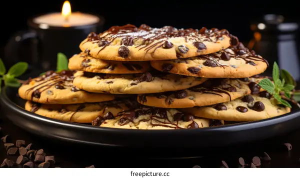 A stack of chocolate chip cookies on a black plate